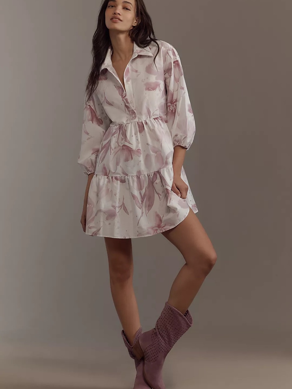 Anthropologie Maeve The Bettina Tiered Mini Shirt Dress Floral Pink Large